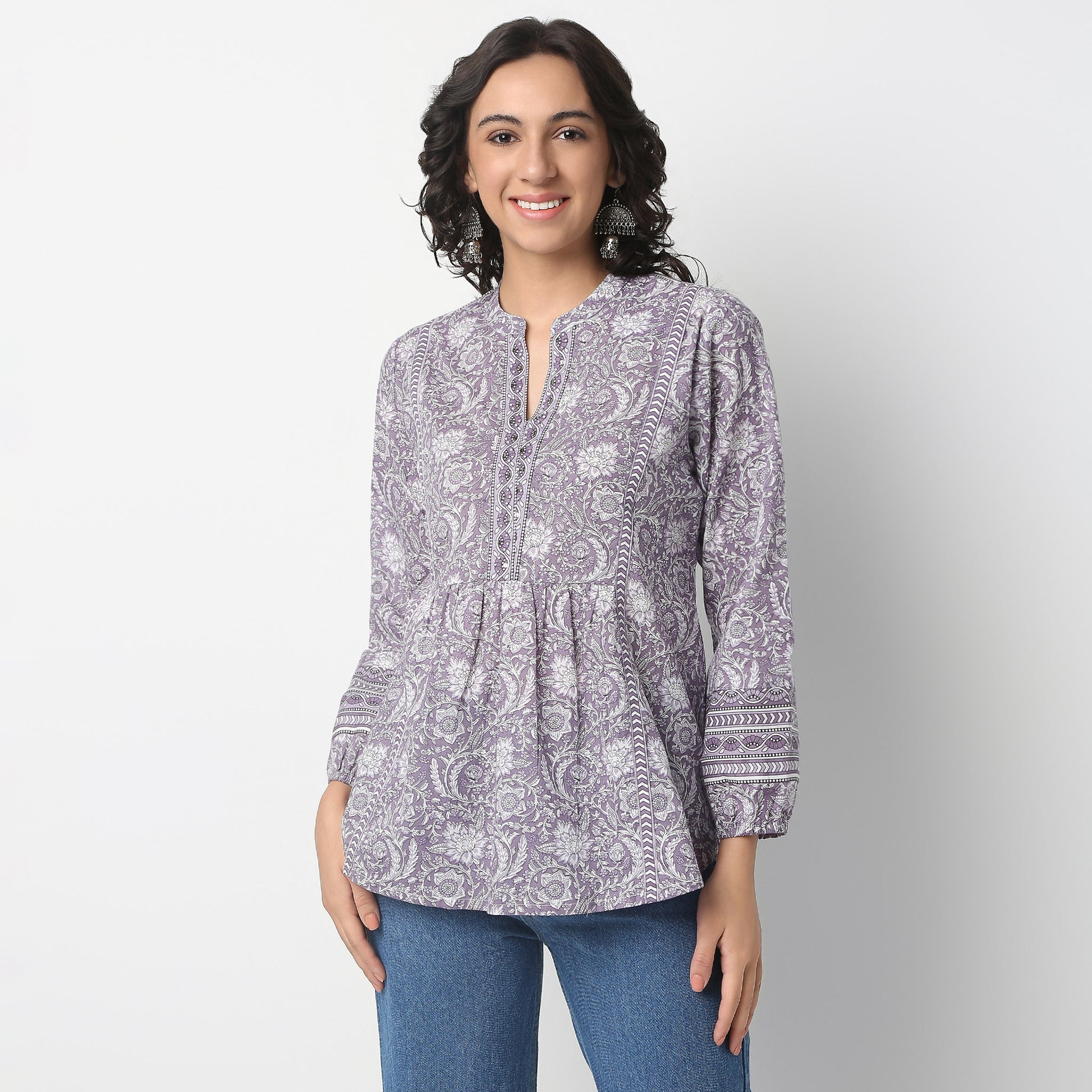 Tie-Up Above Knee Three-Fourth Sleeve Flare Fit Printed Kurta