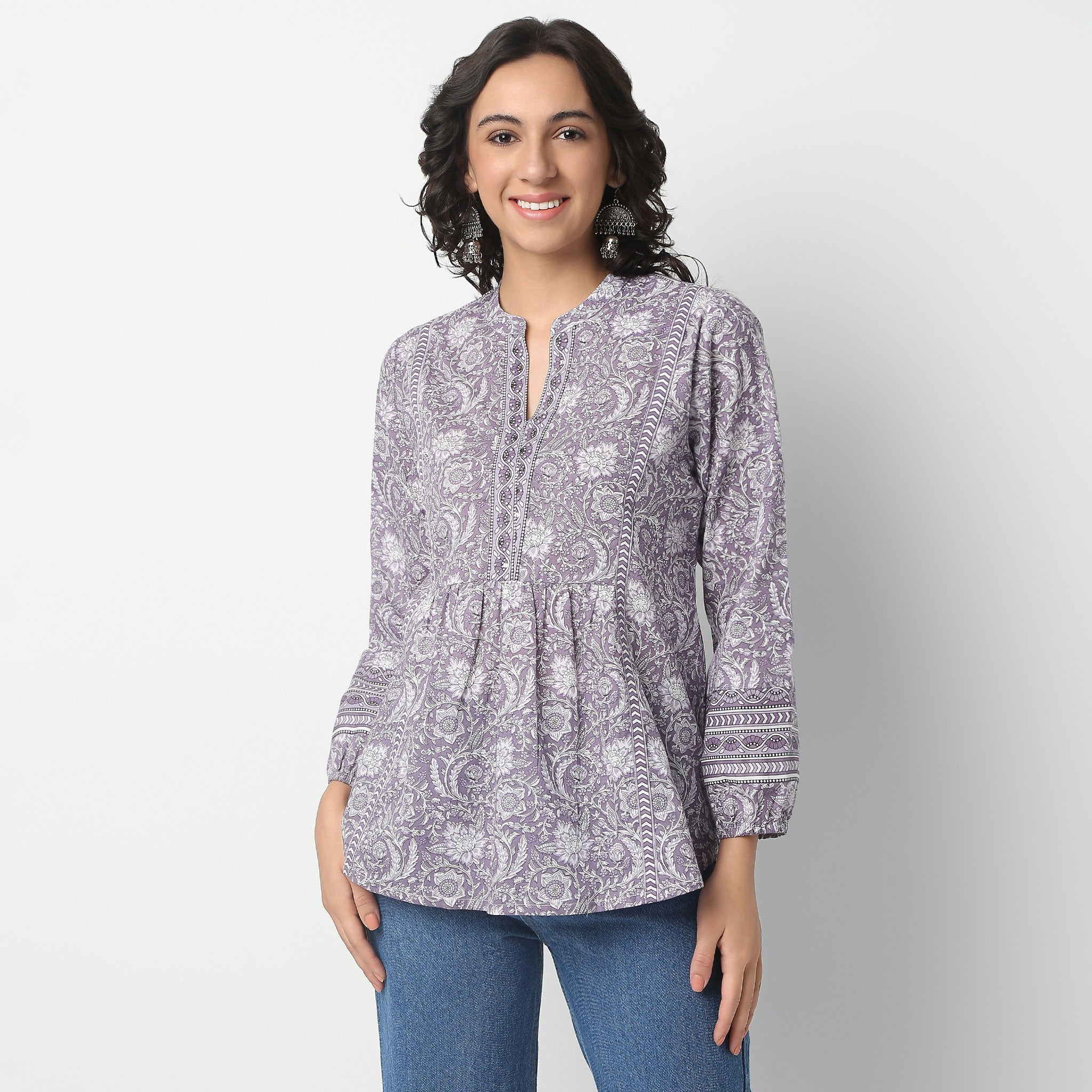 Tie-Up Above Knee Three-Fourth Sleeve Flare Fit Printed Kurta