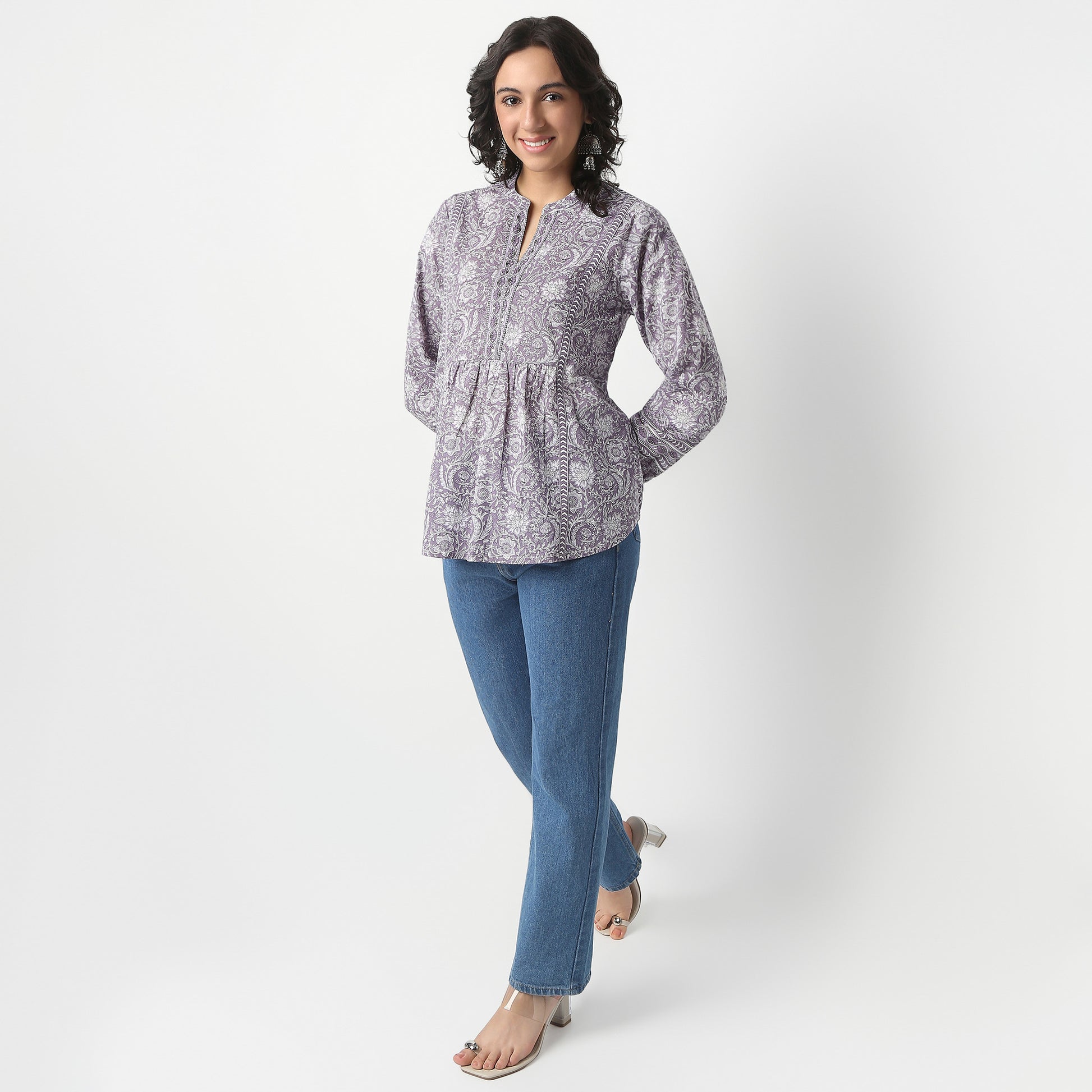 Tie-Up Above Knee Three-Fourth Sleeve Flare Fit Printed Kurta