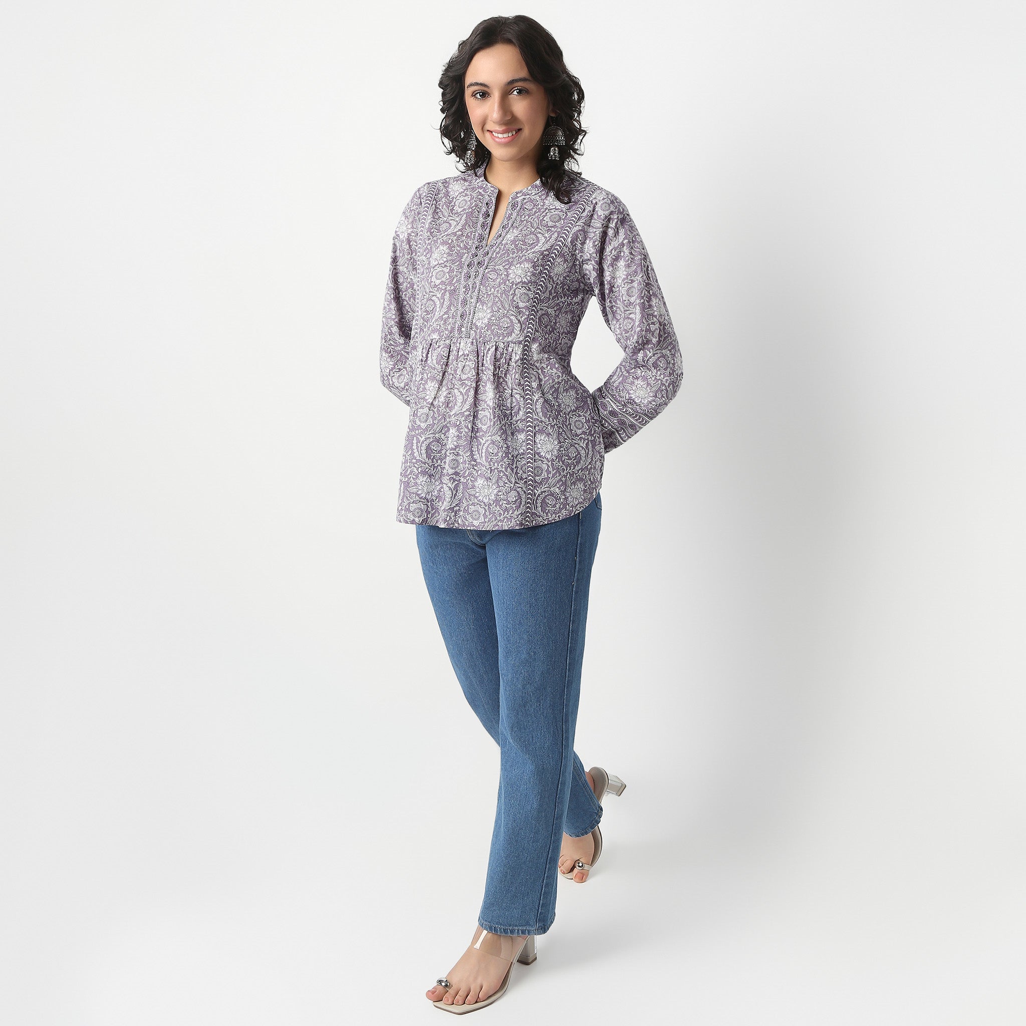 Tie-Up Above Knee Three-Fourth Sleeve Flare Fit Printed Kurta