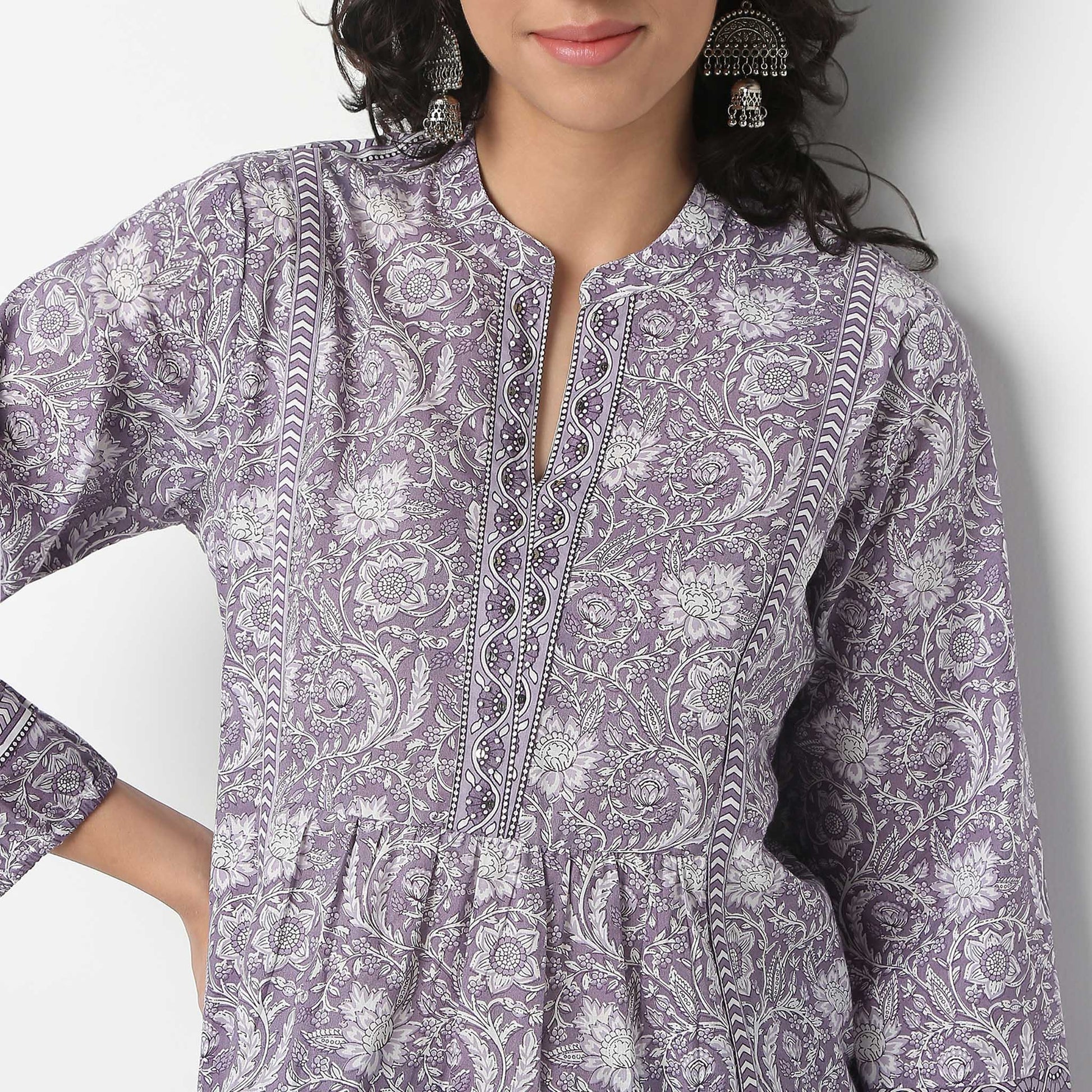 Tie-Up Above Knee Three-Fourth Sleeve Flare Fit Printed Kurta