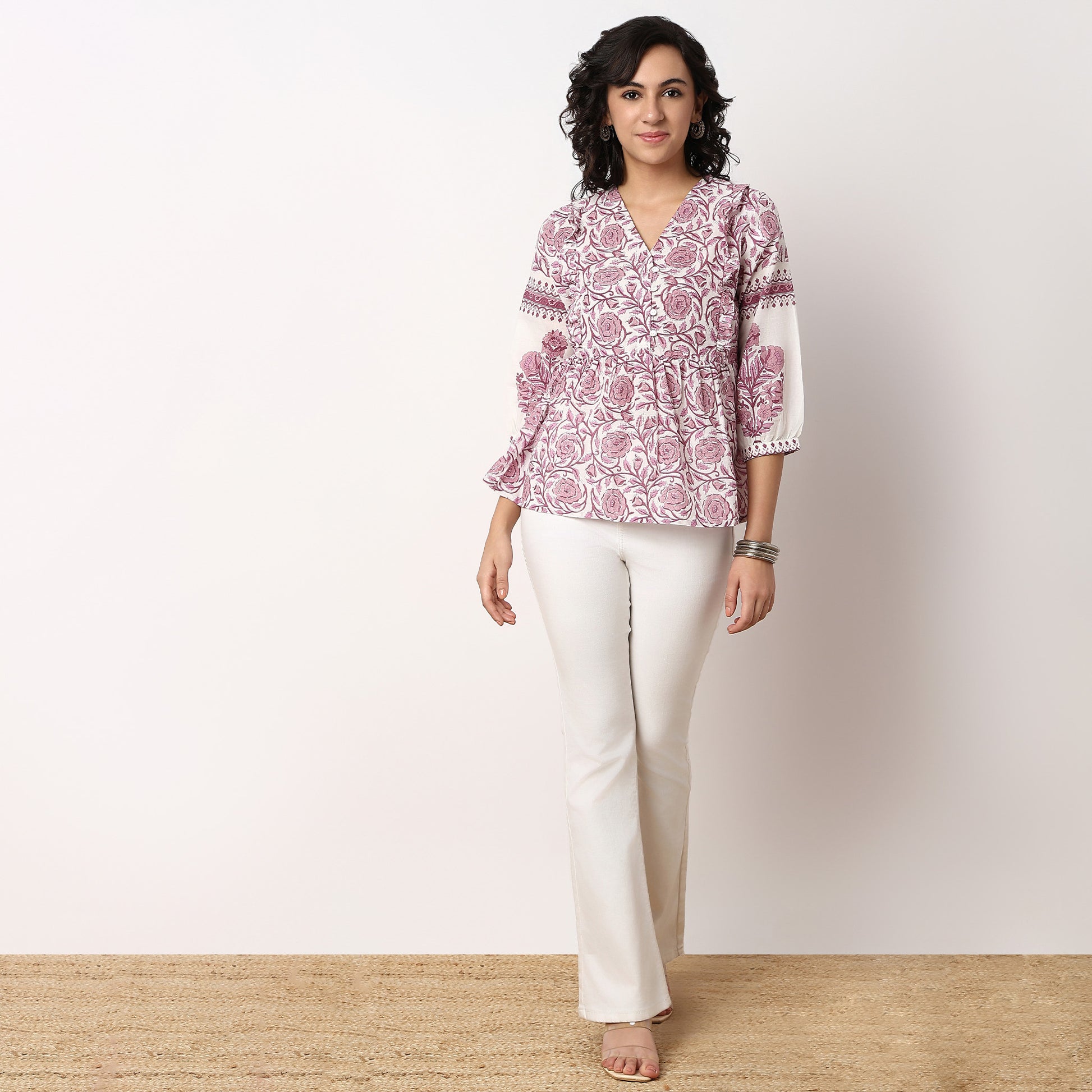 Printed Above Knee V-Neck Flared Short Kurta
