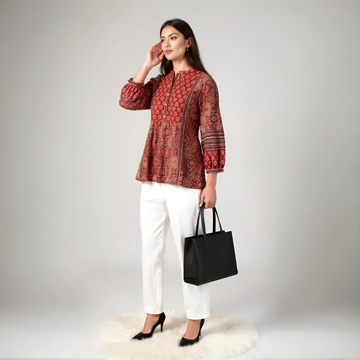Band Collar Printed Flared Short Kurta