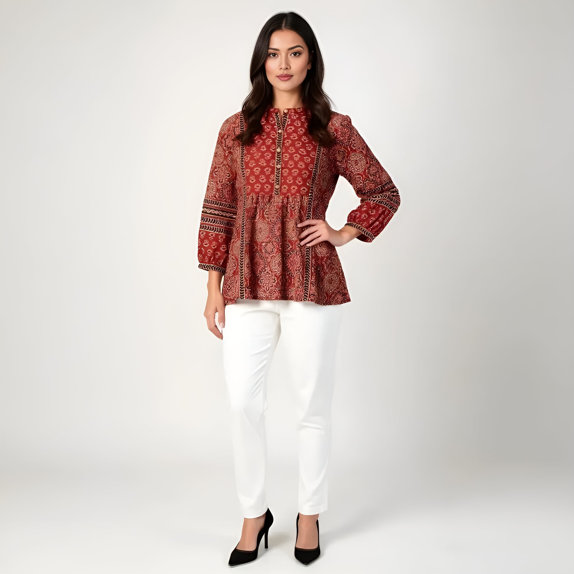 Band Collar Printed Flared Short Kurta