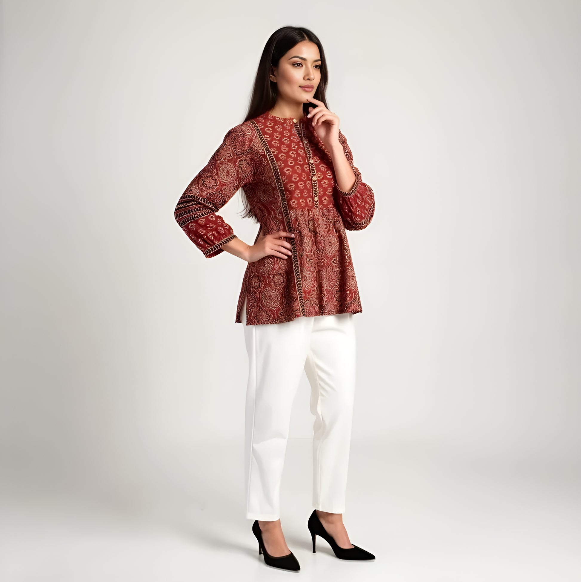 Band Collar Printed Flared Short Kurta