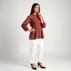 Band Collar Printed Flared Short Kurta