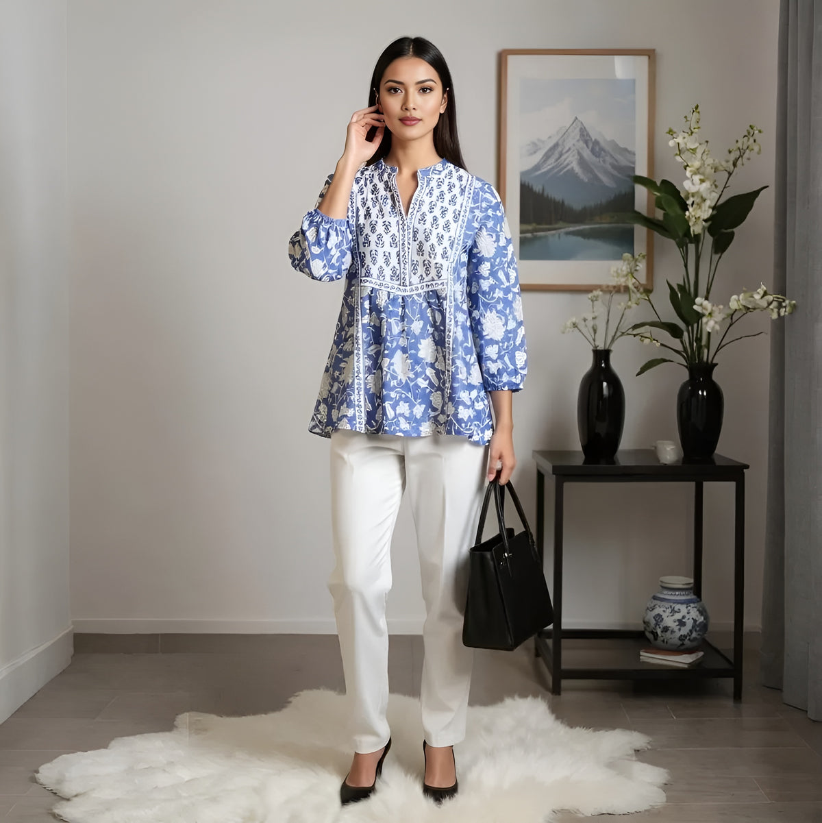 Band Collar Printed Flared Short Kurta