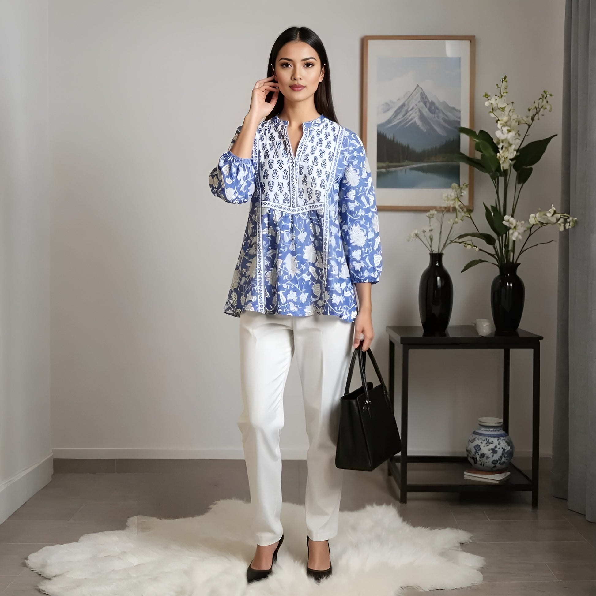 Band Collar Printed Flared Short Kurta