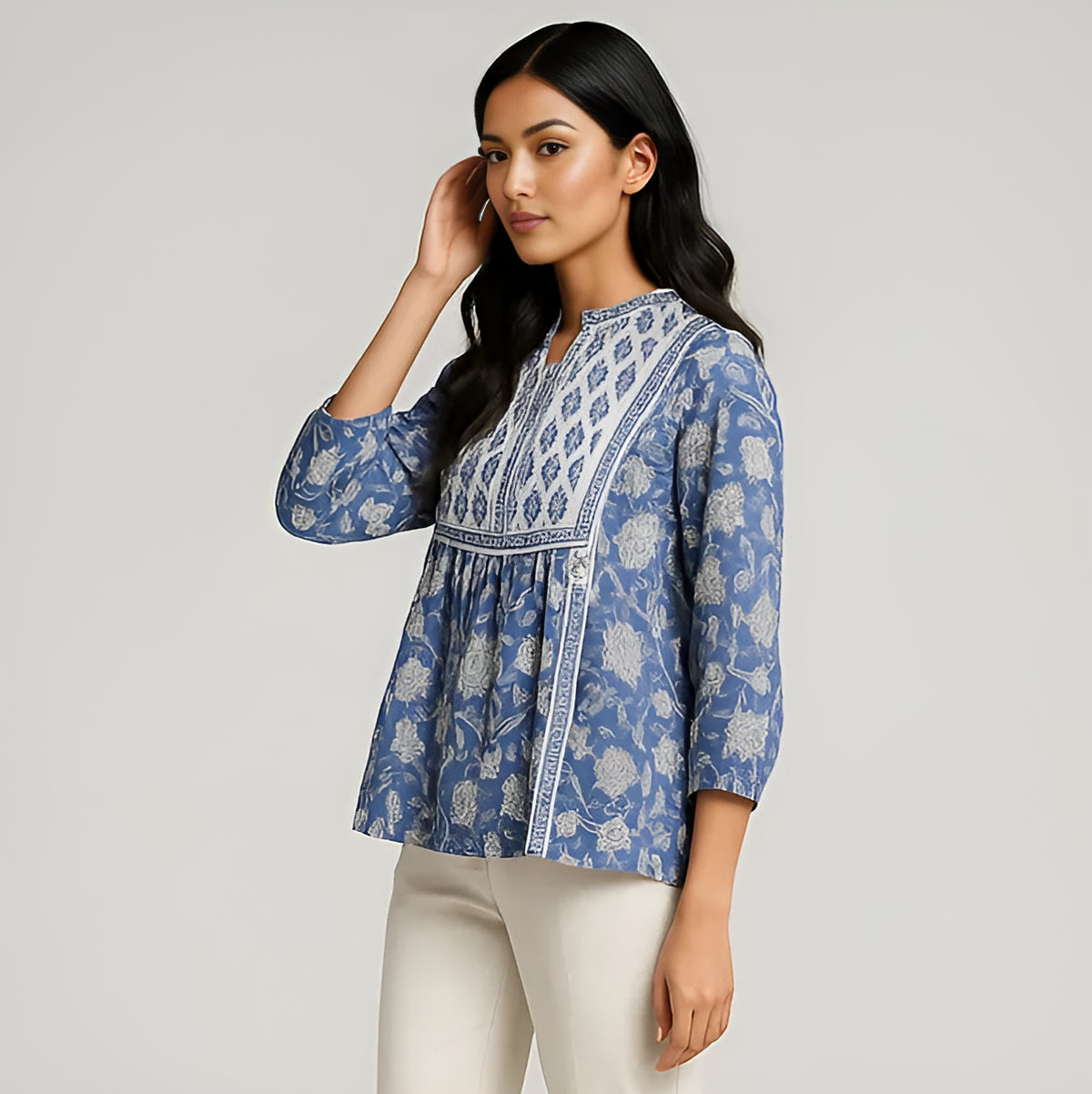 Band Collar Printed Flared Short Kurta