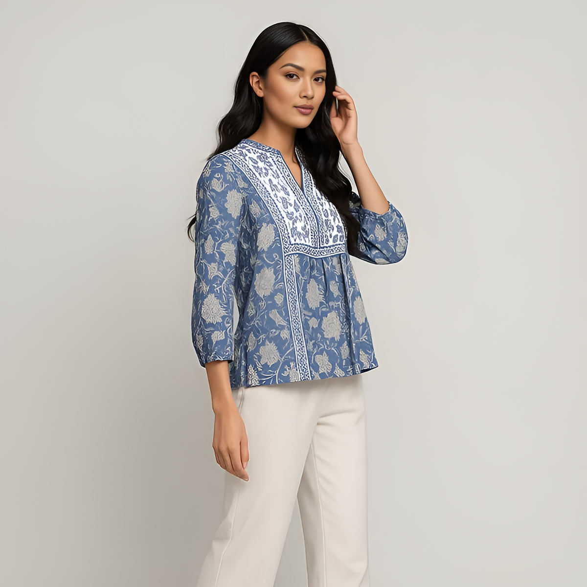 Band Collar Printed Flared Short Kurta