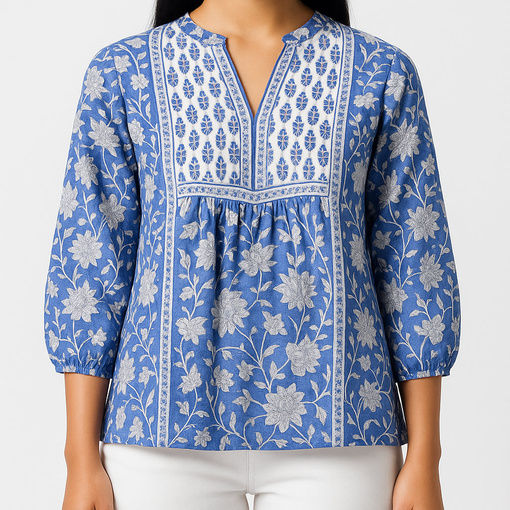 Band Collar Printed Flared Short Kurta