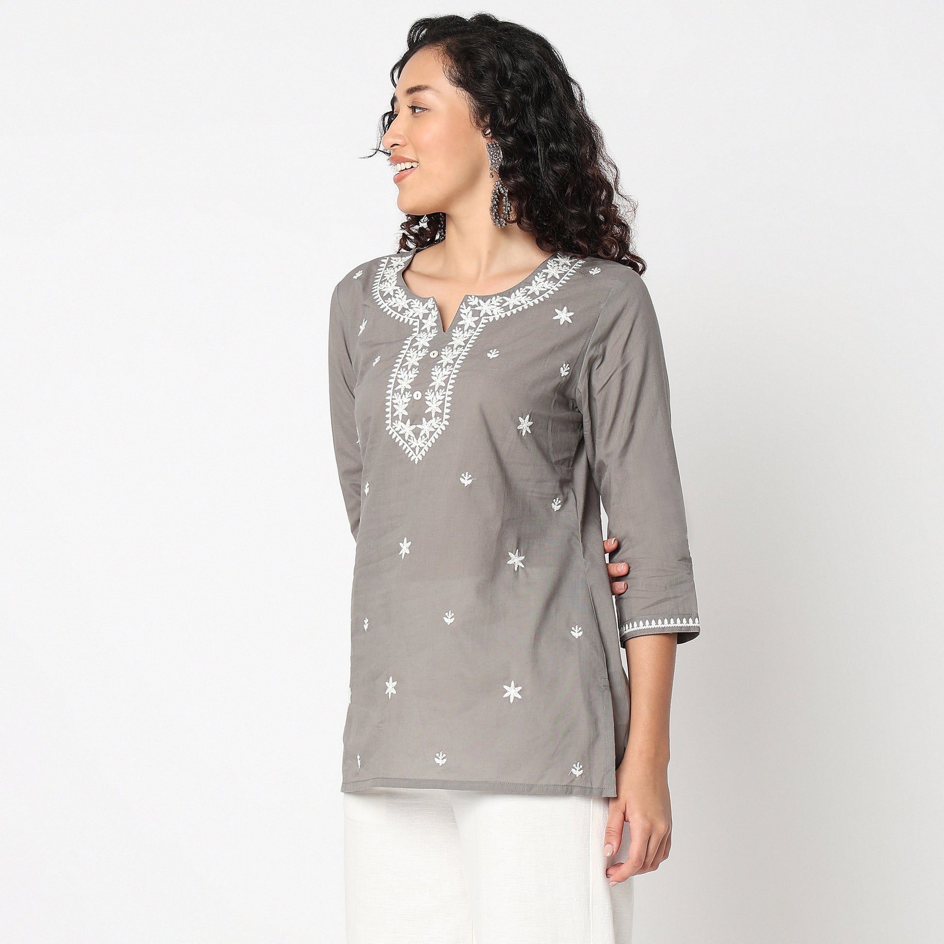 Embroidered Round Neck Short Kurti