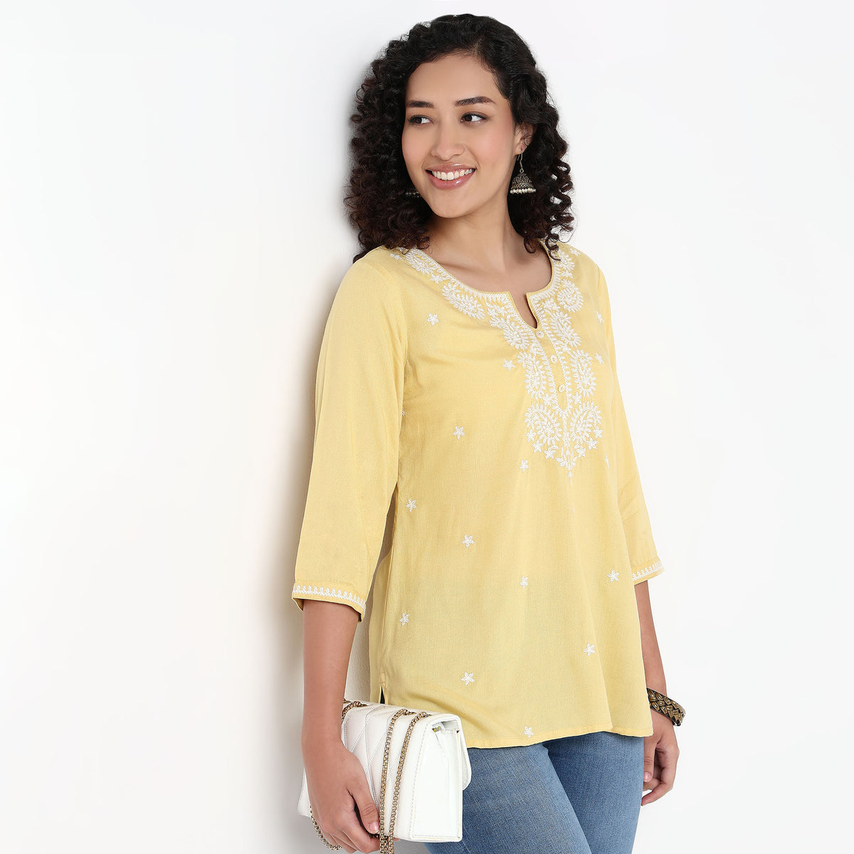 Embroidered Above Knee Straight Short Kurta