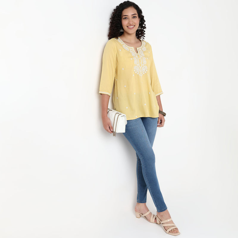 Embroidered Above Knee Straight Short Kurta