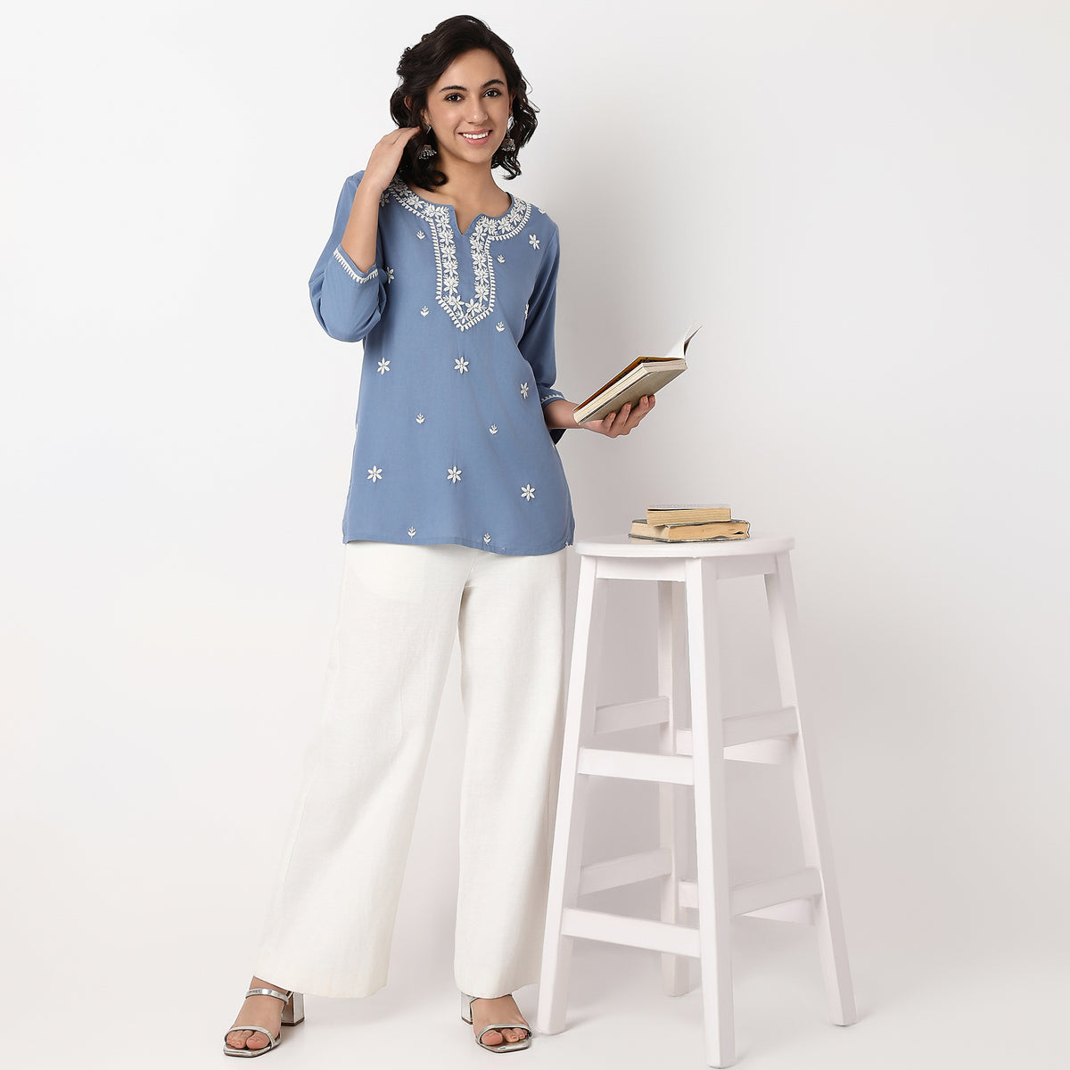 Embroidered Above Knee Straight Short Kurta