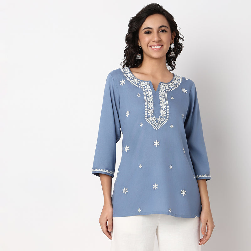Embroidered Above Knee Straight Short Kurta