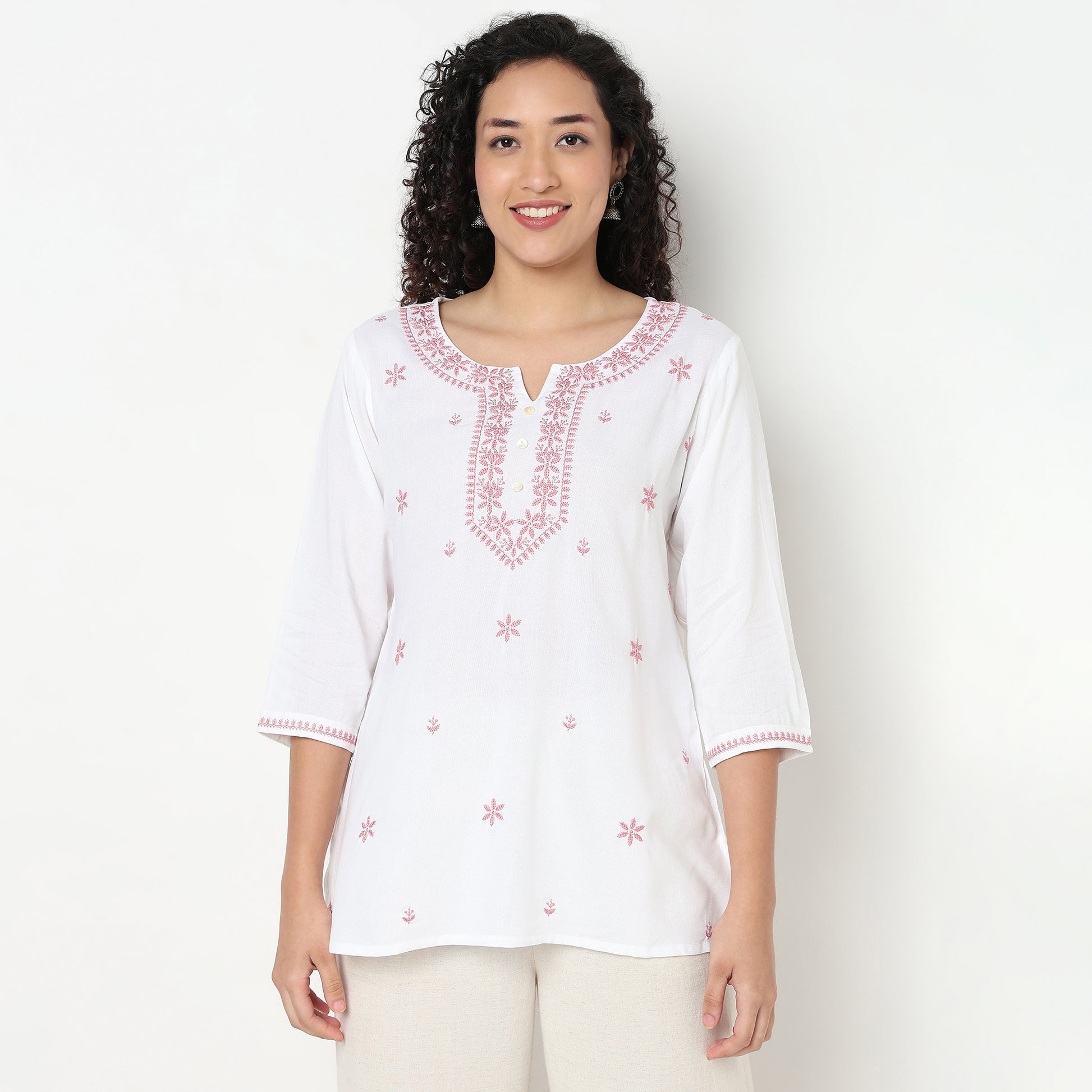 Buy Women Straight Fit Embroidered Three-Fourth Sleeve Kurta  - Style Union