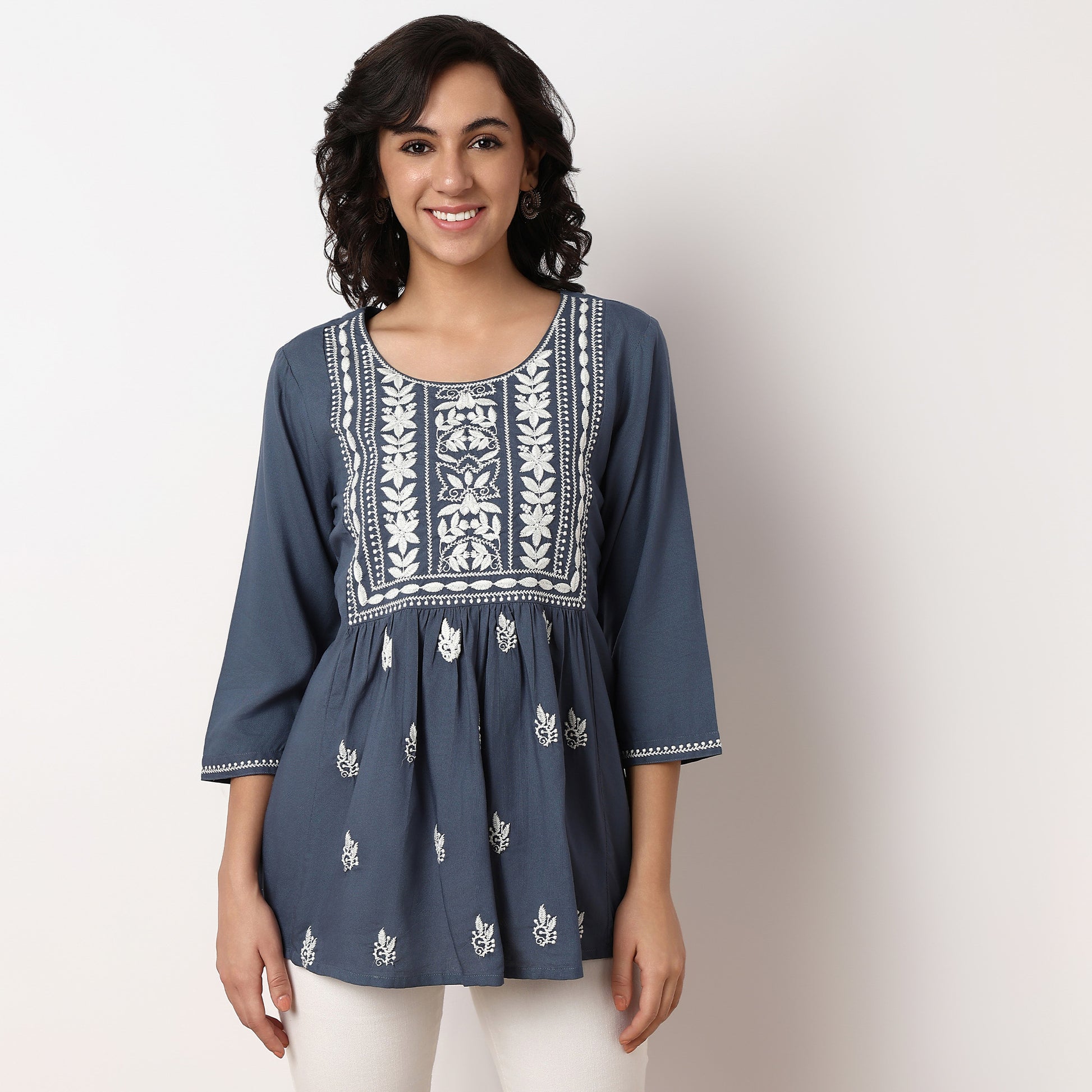 Embroidered Above Knee Flared Short Kurta