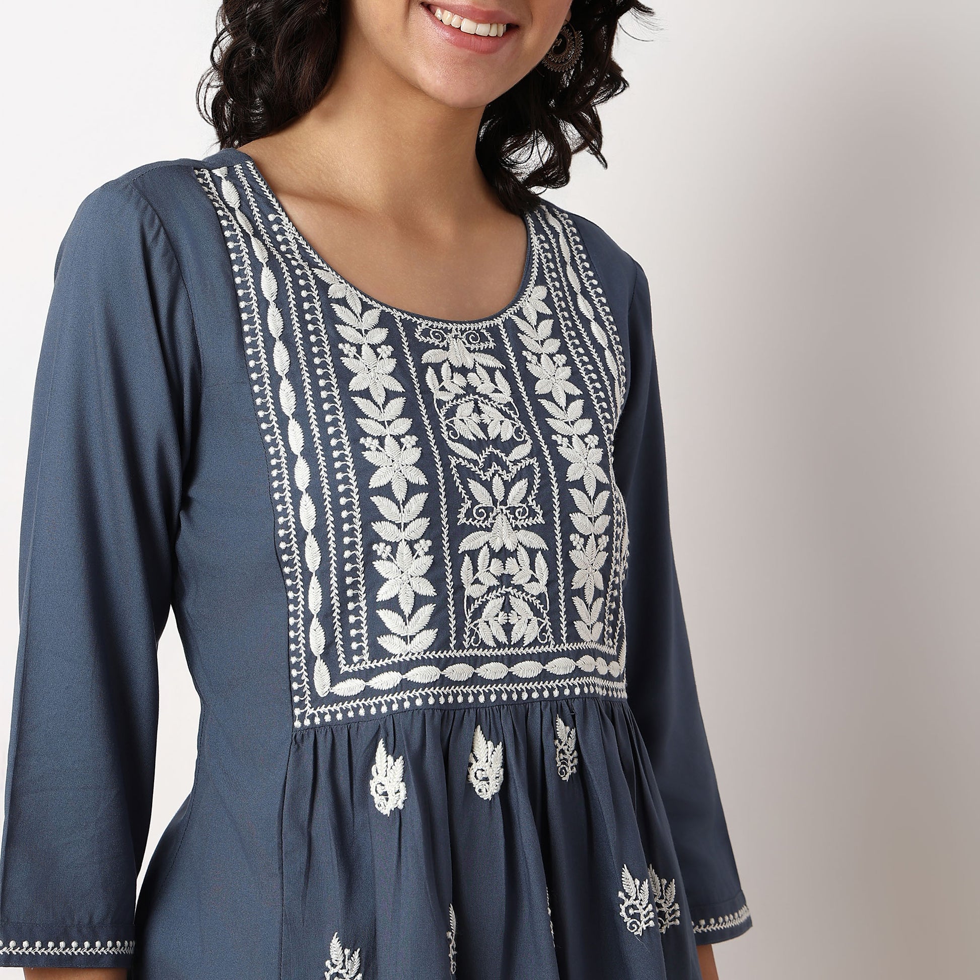 Embroidered Above Knee Flared Short Kurta
