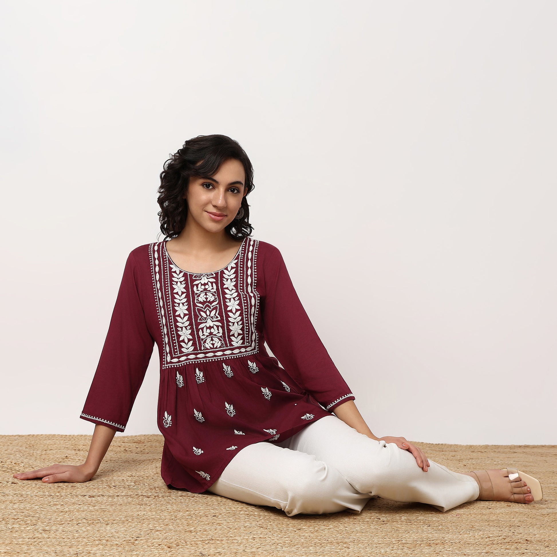 Embroidered Above Knee Flared Short Kurta