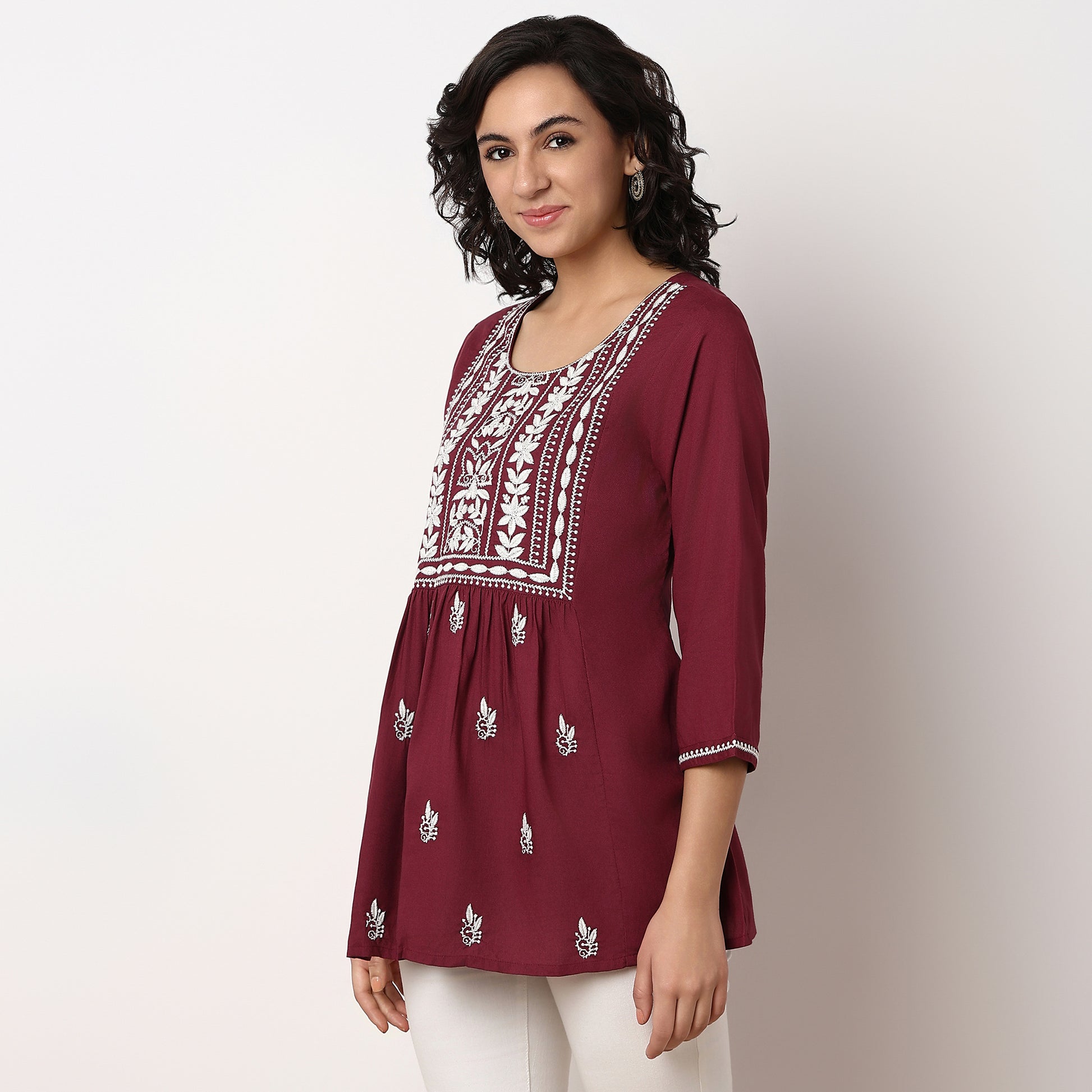 Embroidered Above Knee Flared Short Kurta
