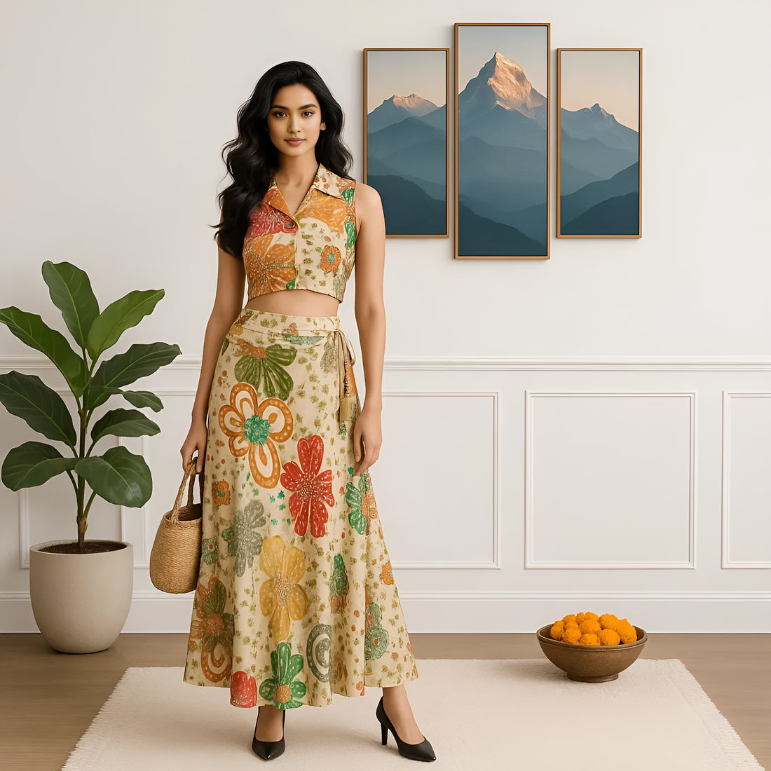 Printed Below Knee Flared Skirt
