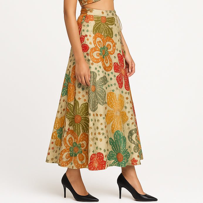 Printed Below Knee Flared Skirt