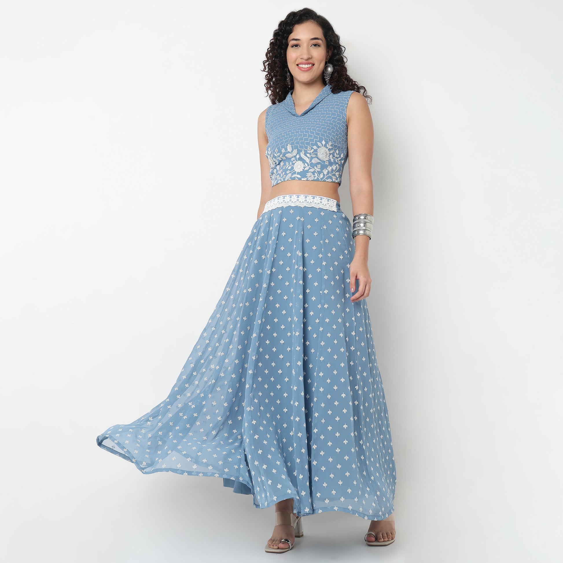 Printed Polyester Flared Skirt