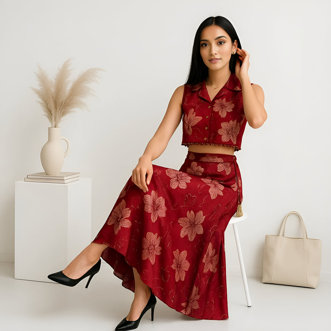 Printed Below Knee Flared Skirt