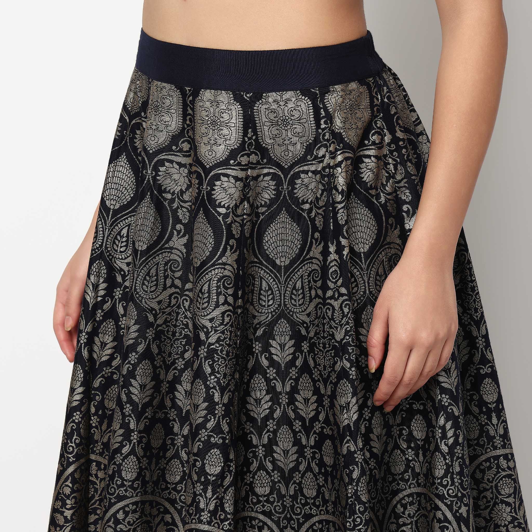 Buy Women Flare Fit Foil Print Full Length Mid Rise Skirt