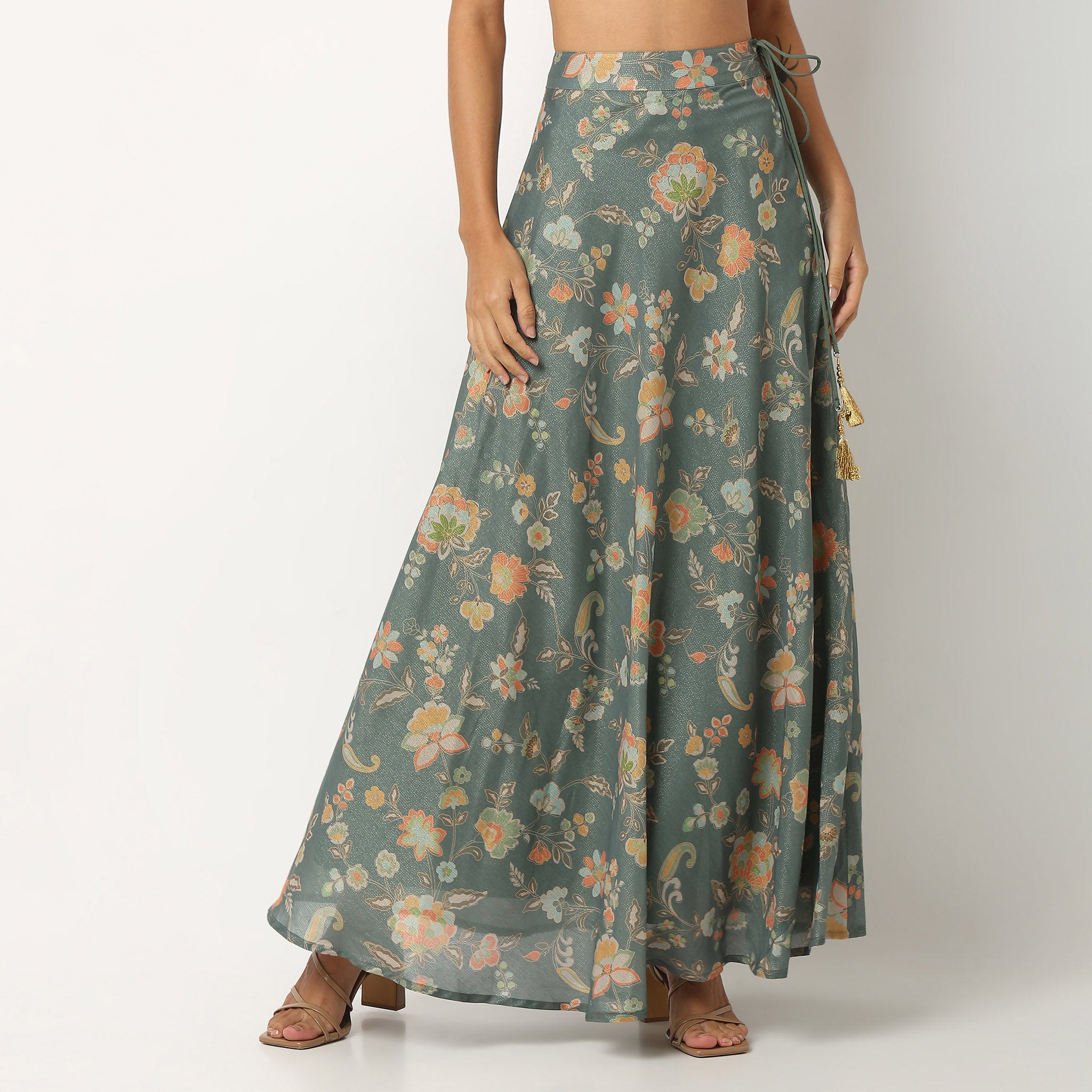 Floral Polyester Flared Skirt
