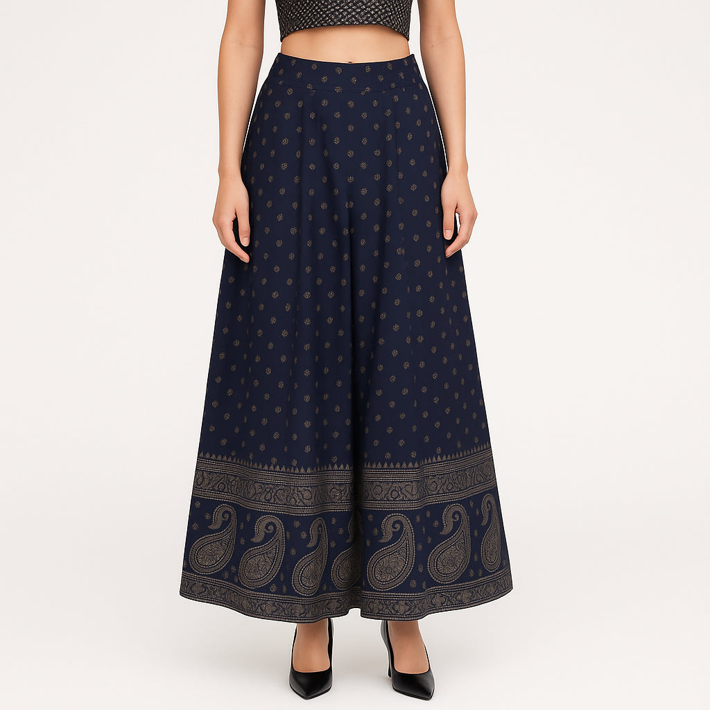 Foil Print Below Knee Flared Skirt