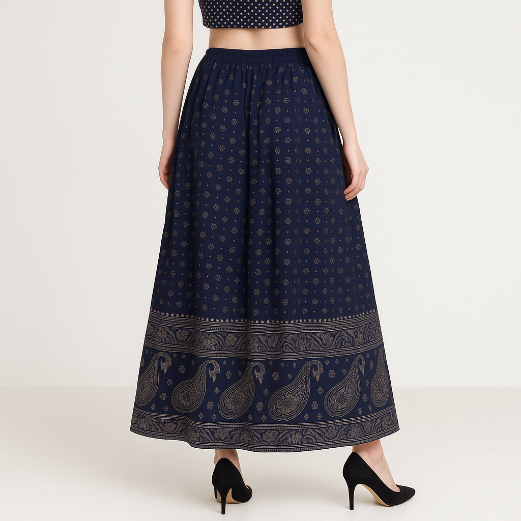 Foil Print Below Knee Flared Skirt