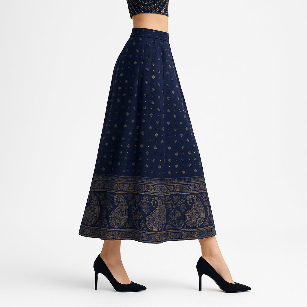 Foil Print Below Knee Flared Skirt