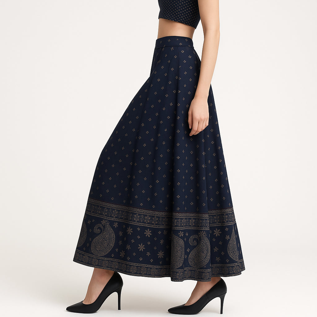 Foil Print Below Knee Flared Skirt