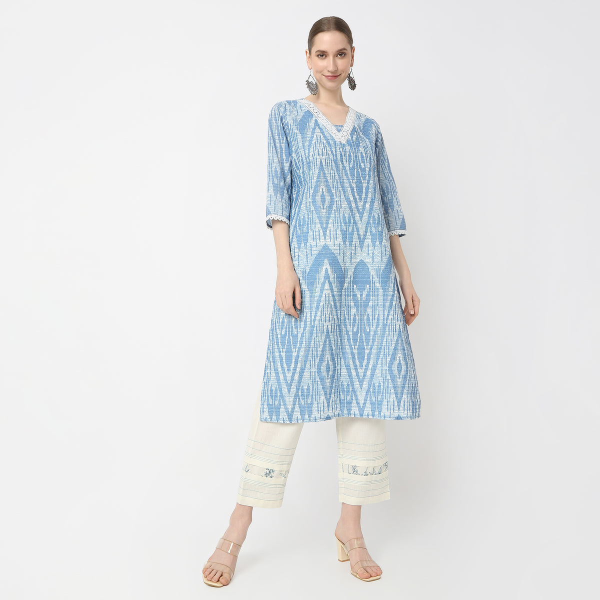 Straight Fit V-Neck Ikkat Print on Schiffli Fabric Kurta