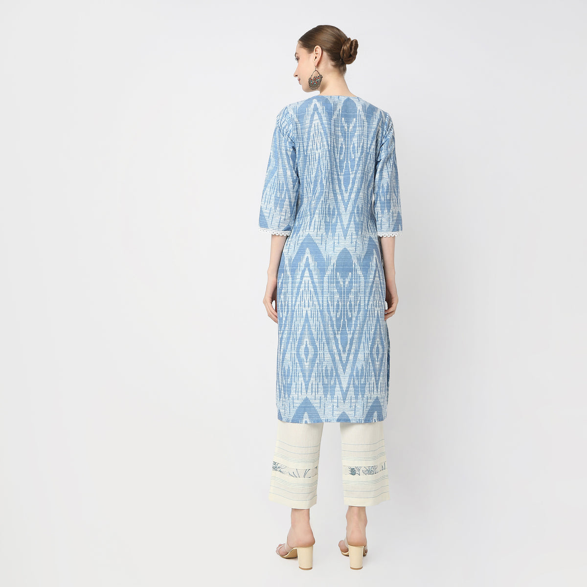 Straight Fit V-Neck Ikkat Print on Schiffli Fabric Kurta