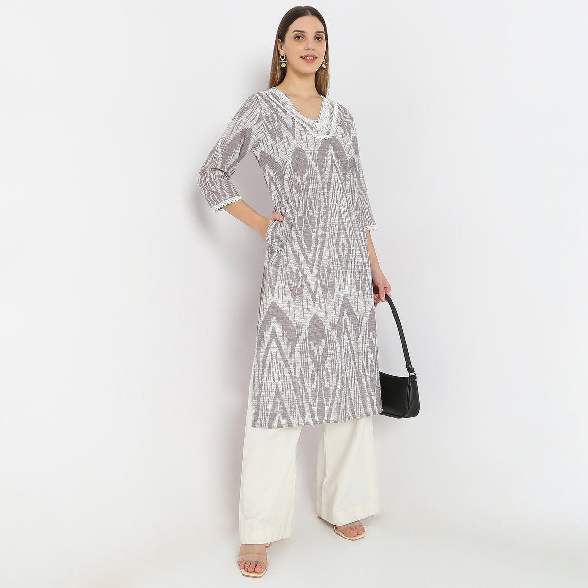 Straight Fit V-Neck Ikkat Print on Schiffli Fabric Kurta