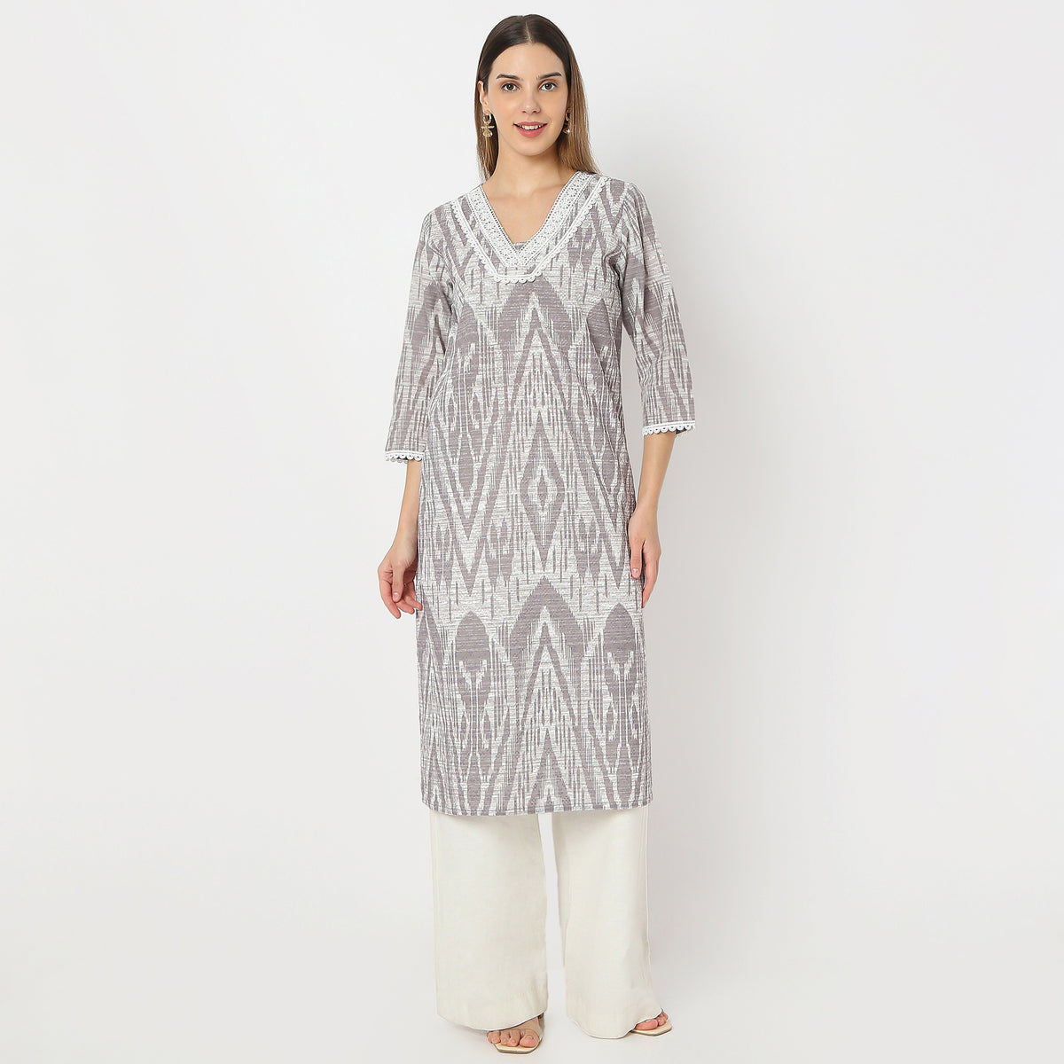 Straight Fit V-Neck Ikkat Print on Schiffli Fabric Kurta