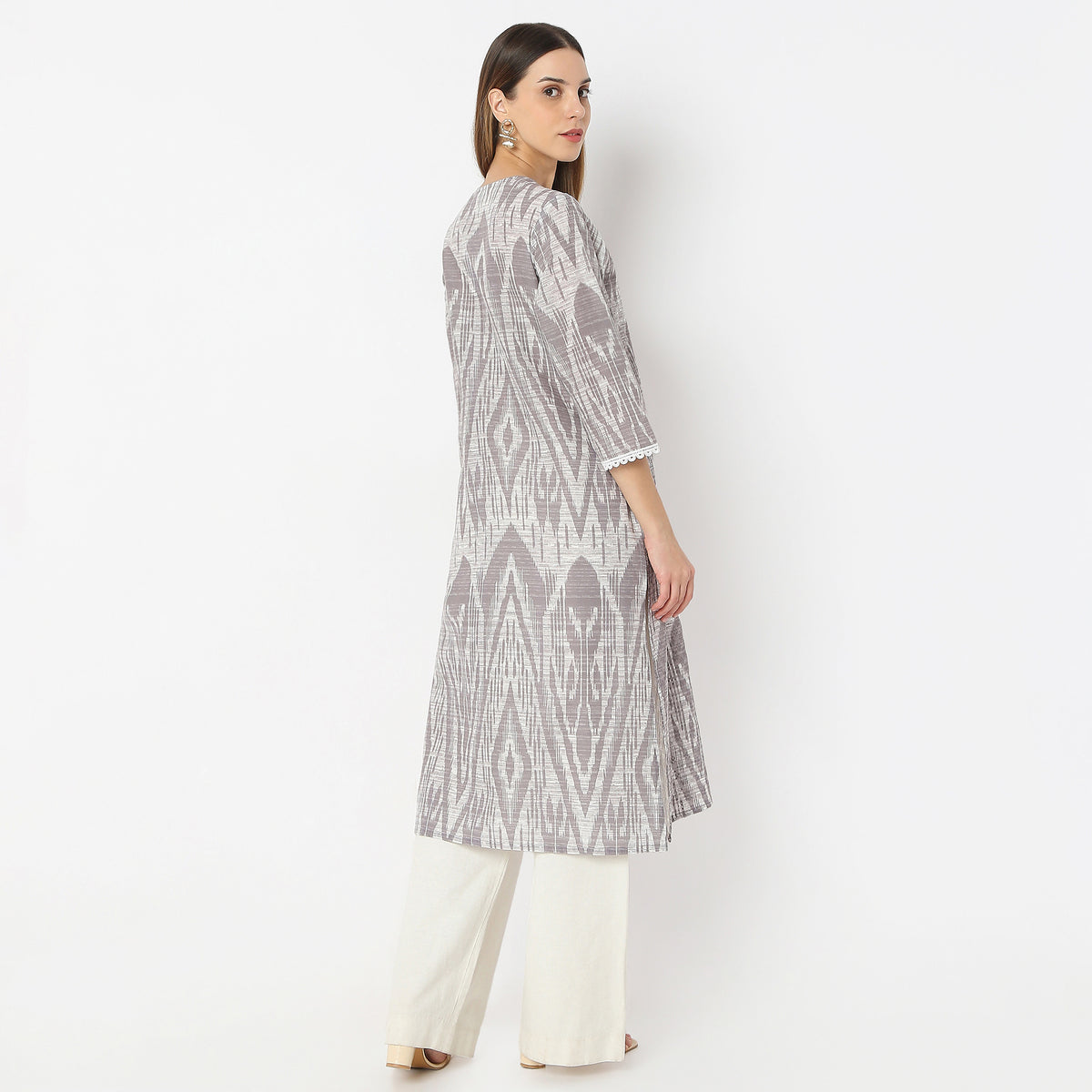 Straight Fit V-Neck Ikkat Print on Schiffli Fabric Kurta