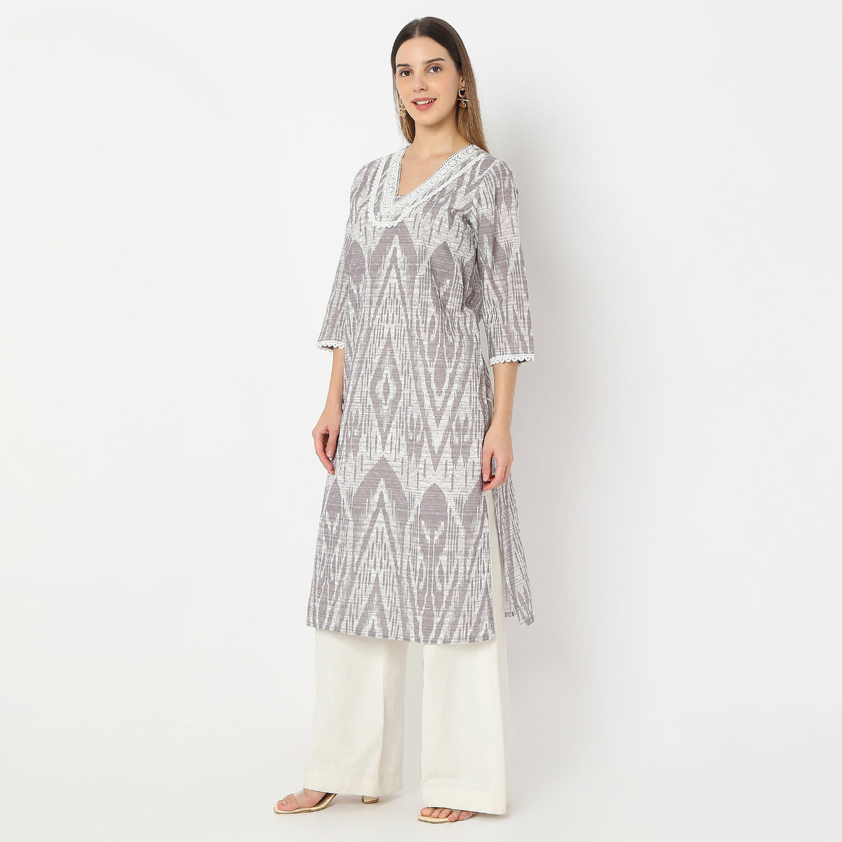 Straight Fit V-Neck Ikkat Print on Schiffli Fabric Kurta