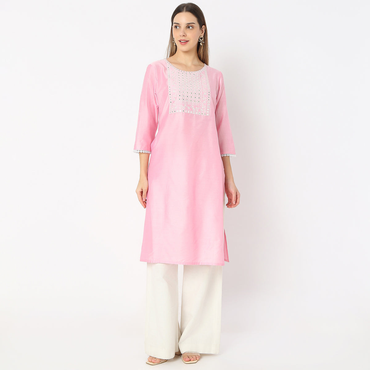 Embroidered Below Knee Straight Fit Yoke Kurta