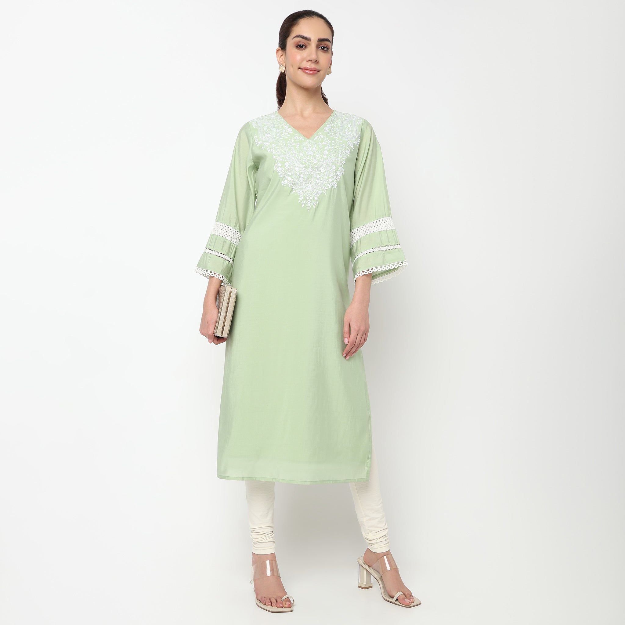 V-Neck Embroidered Kurta