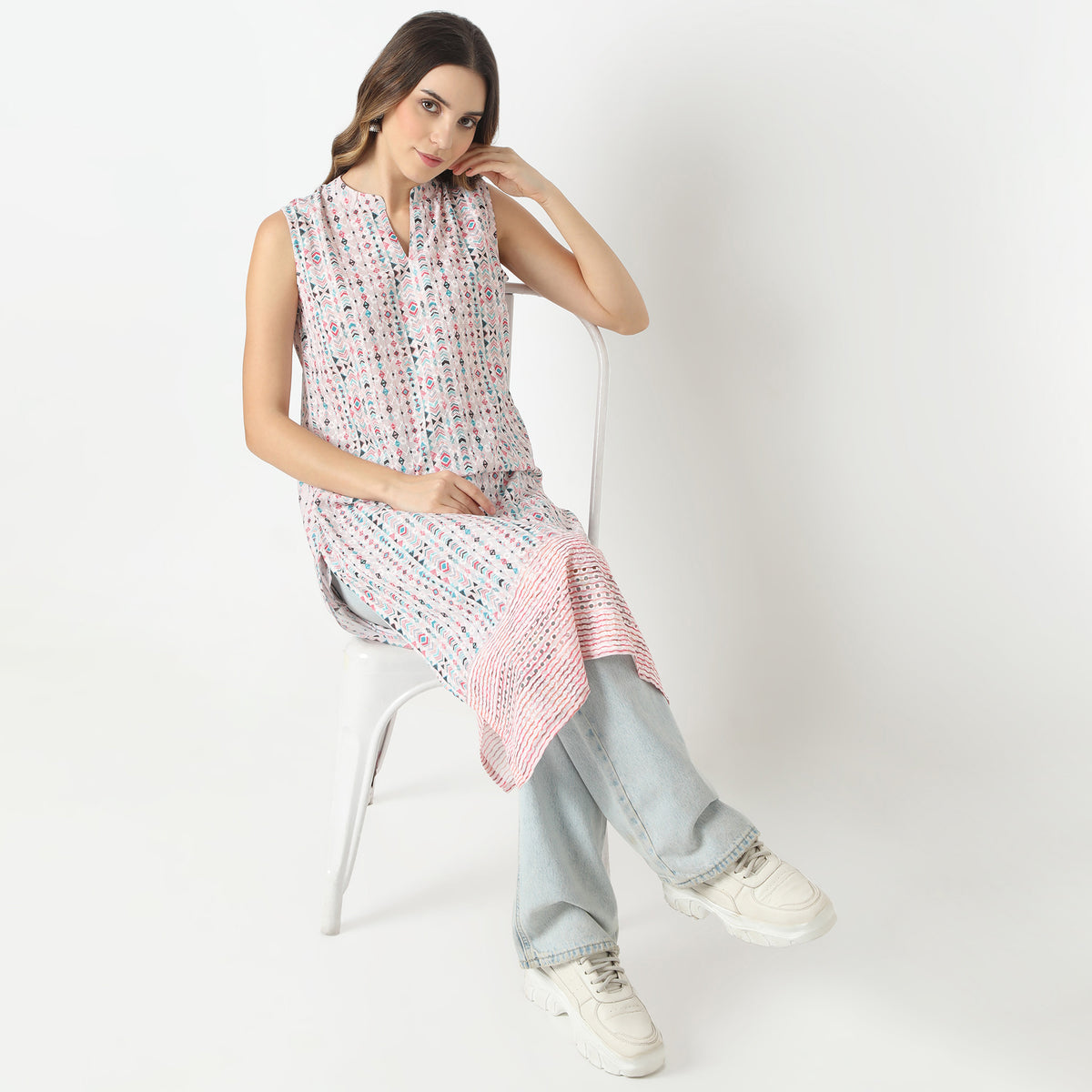 Straight Fit Printed Band Collar Kurta