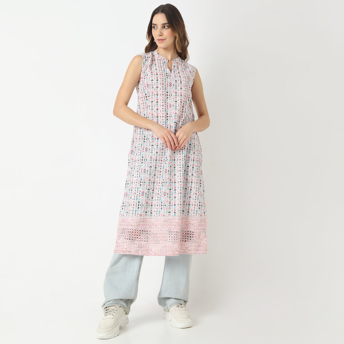 Straight Fit Printed Band Collar Kurta