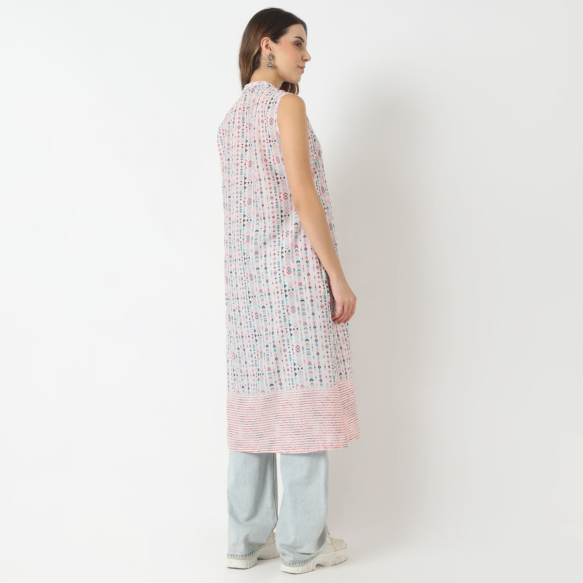 Straight Fit Printed Band Collar Kurta
