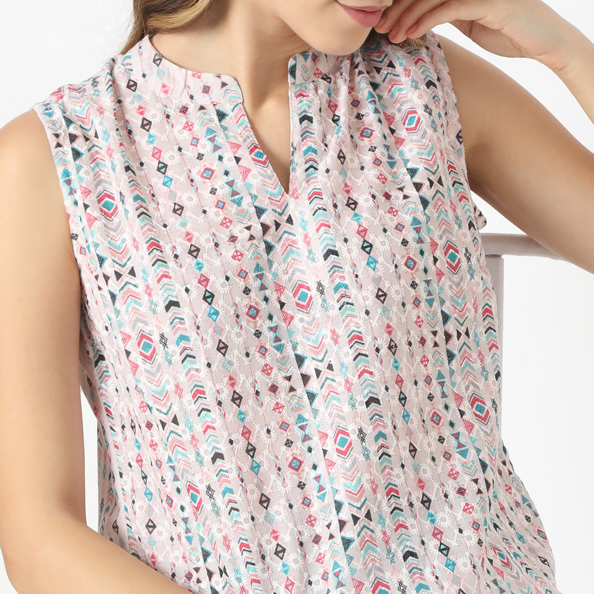 Straight Fit Printed Band Collar Kurta