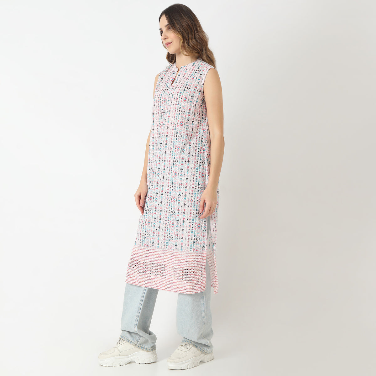 Straight Fit Printed Band Collar Kurta