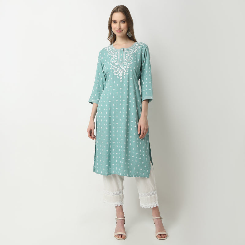 Straight Fit Printed Round Neck Kurta