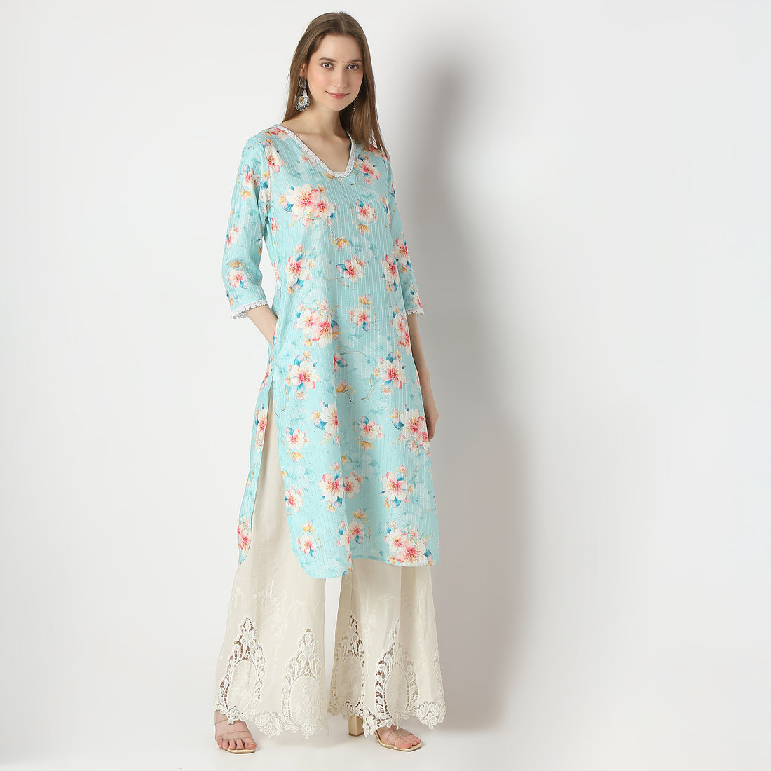 Printed V-Neck Straight Kurta